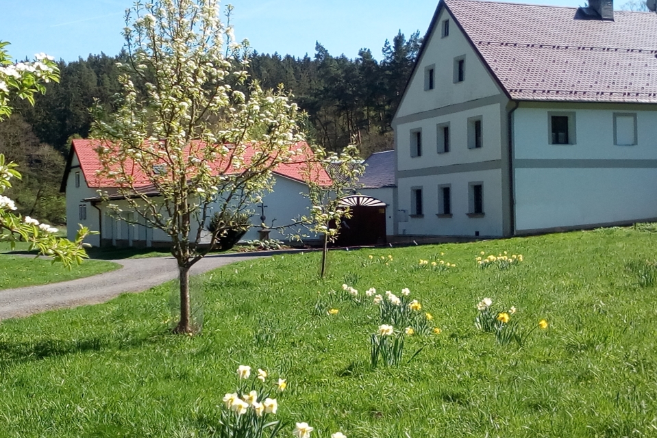 renovated historic mill by a stream in peaceful nature, private family guesthouse with garden and pond, Czech countryside